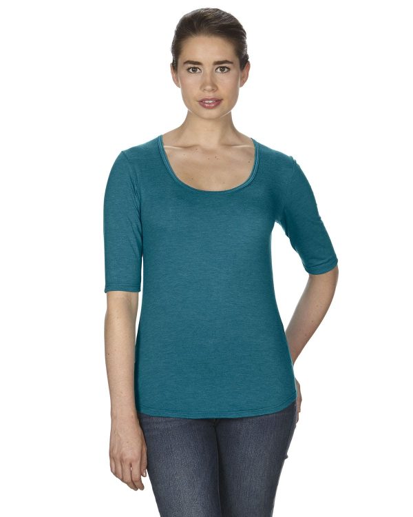 Anvil Ladies Triblend Deep Scoop Half-Sleeve T-Shirt | Hth Galap Blue For Sale