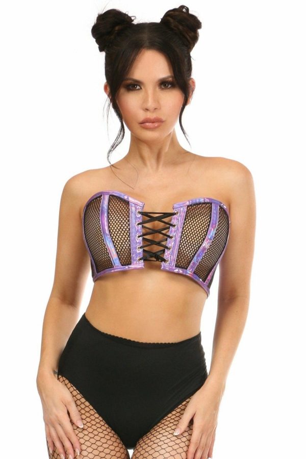 Lavish Purple Holo & Fishnet Lace-Up Short Bustier Top Online now
